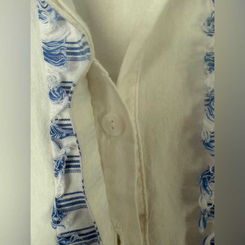 FINLEY | white cotton button top blouse with blue fringe detail | sz XL - Picture 3 of 7
